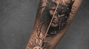 Lion & Spartan Warrior Tattoo | Black & Gray Geometric Style | Pune Artist